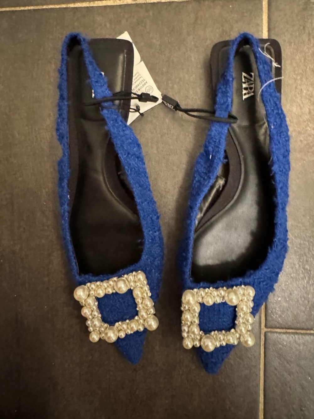 NWT NEW Zara Blue Embellished Boucle Gen Pearl Slingback Flats 38/8